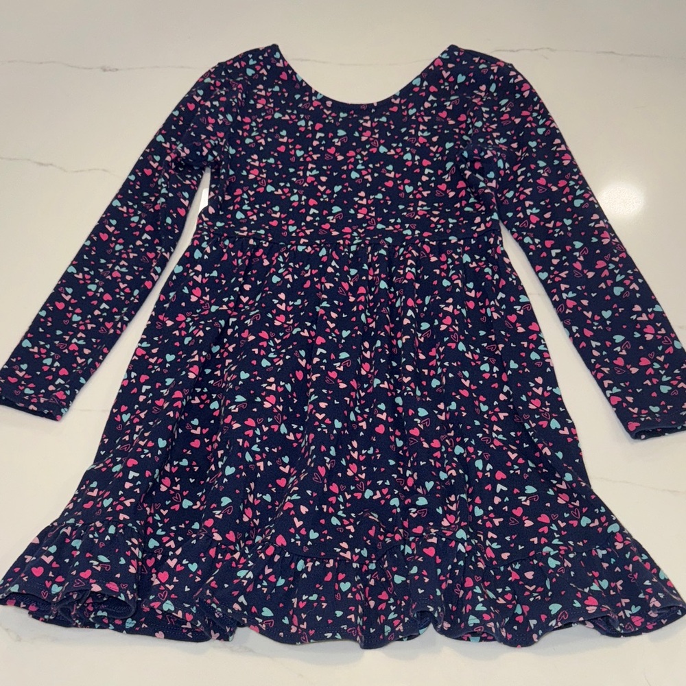 Crewcuts Navy Long Sleeve Kids Dress w/ Pink and Blue Heart Pattern